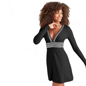 VENUS Black Long Sleeve Bodycon Stretchy Deep Plunge Rhinestone Dress Size 16
